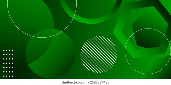 Dark green and light green colour abstract gradient background with hexagons shapes and geomatric rounded shapes and lines dynamic shapes composition design, background vector illustration.