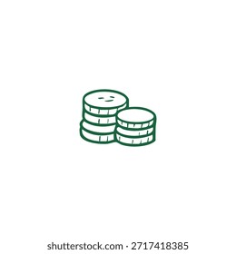 A dark green line drawing of two stacks of coins on a white background