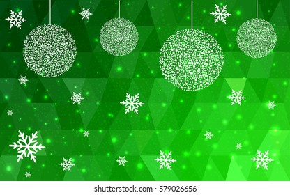 Dark green low poly crystal background with snowflakes. Polygon christmas design pattern. Low poly illustration of New Year celebration.