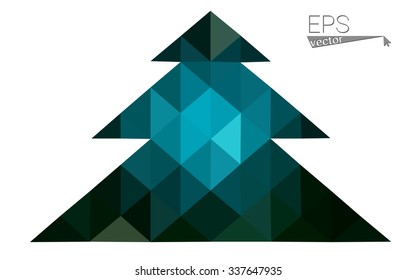 Dark green low polygon style christmas tree vector illustration consisting of triangles. Abstract triangular polygonal origami or crystal design of New Years celebration. Isolated on white background.