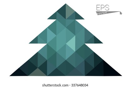 Dark green low polygon style christmas tree vector illustration consisting of triangles. Abstract triangular polygonal origami or crystal design of New Years celebration. Isolated on white background.