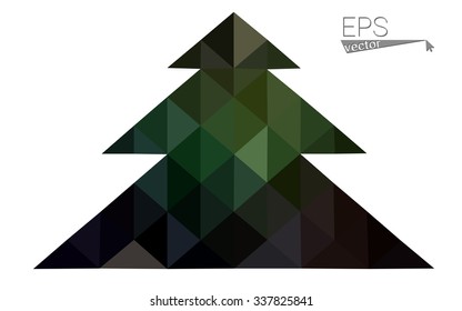 Dark green low polygon style christmas tree vector illustration consisting of triangles. Abstract triangular polygonal origami or crystal design of New Years celebration. Isolated on white background.