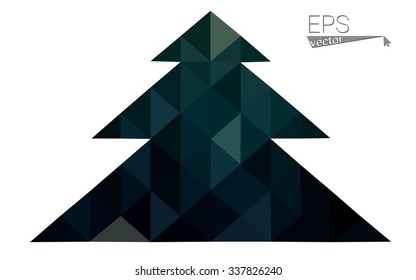 Dark green low polygon style christmas tree vector illustration consisting of triangles. Abstract triangular polygonal origami or crystal design of New Years celebration. Isolated on white background.