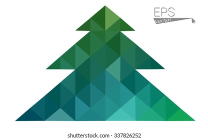 Dark green low polygon style christmas tree vector illustration consisting of triangles. Abstract triangular polygonal origami or crystal design of New Years celebration. Isolated on white background.