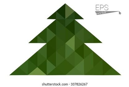 Dark green low polygon style christmas tree vector illustration consisting of triangles. Abstract triangular polygonal origami or crystal design of New Years celebration. Isolated on white background.