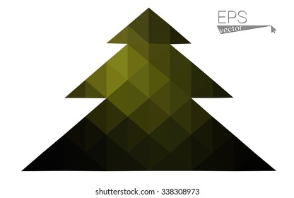 Dark green low polygon style christmas tree vector illustration consisting of triangles. Abstract triangular polygonal origami or crystal design of New Years celebration. Isolated on white background.