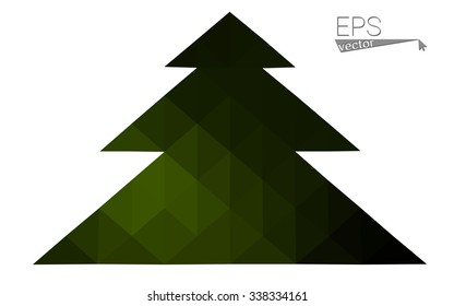 Dark green low polygon style christmas tree vector illustration consisting of triangles. Abstract triangular polygonal origami or crystal design of New Years celebration. Isolated on white background.