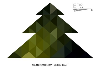 Dark green low polygon style christmas tree vector illustration consisting of triangles. Abstract triangular polygonal origami or crystal design of New Years celebration. Isolated on white background.