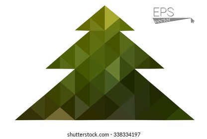 Dark green low polygon style christmas tree vector illustration consisting of triangles. Abstract triangular polygonal origami or crystal design of New Years celebration. Isolated on white background.