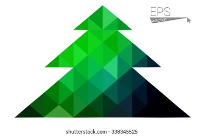 Dark green low polygon style christmas tree vector illustration consisting of triangles. Abstract triangular polygonal origami or crystal design of New Years celebration. Isolated on white background.
