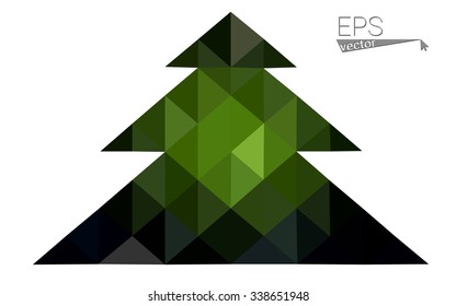Dark green low polygon style christmas tree vector illustration consisting of triangles. Abstract triangular polygonal origami or crystal design of New Years celebration. Isolated on white background.