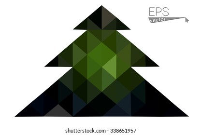 Dark green low polygon style christmas tree vector illustration consisting of triangles. Abstract triangular polygonal origami or crystal design of New Years celebration. Isolated on white background.