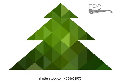 Dark green low polygon style christmas tree vector illustration consisting of triangles. Abstract triangular polygonal origami or crystal design of New Years celebration. Isolated on white background.