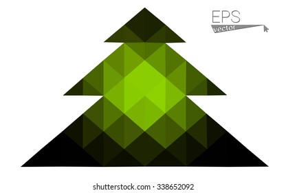 Dark green low polygon style christmas tree vector illustration consisting of triangles. Abstract triangular polygonal origami or crystal design of New Years celebration. Isolated on white background.