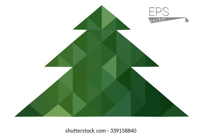 Dark green low polygon style christmas tree vector illustration consisting of triangles. Abstract triangular polygonal origami or crystal design of New Years celebration. Isolated on white background.