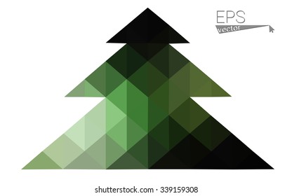 Dark green low polygon style christmas tree vector illustration consisting of triangles. Abstract triangular polygonal origami or crystal design of New Years celebration. Isolated on white background.