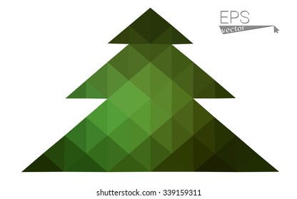 Dark green low polygon style christmas tree vector illustration consisting of triangles. Abstract triangular polygonal origami or crystal design of New Years celebration. Isolated on white background.