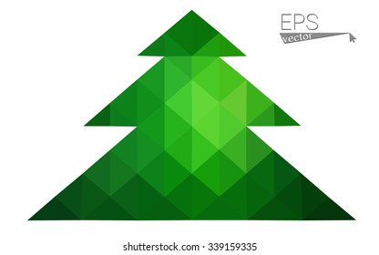 Dark green low polygon style christmas tree vector illustration consisting of triangles. Abstract triangular polygonal origami or crystal design of New Years celebration. Isolated on white background.