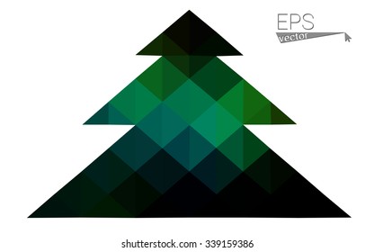 Dark green low polygon style christmas tree vector illustration consisting of triangles. Abstract triangular polygonal origami or crystal design of New Years celebration. Isolated on white background.