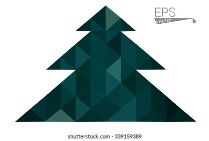 Dark green low polygon style christmas tree vector illustration consisting of triangles. Abstract triangular polygonal origami or crystal design of New Years celebration. Isolated on white background.