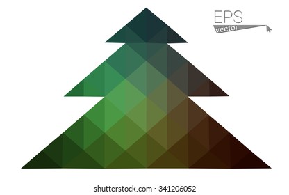 Dark green low polygon style christmas tree vector illustration consisting of triangles. Abstract triangular polygonal origami or crystal design of New Years celebration. Isolated on white background.