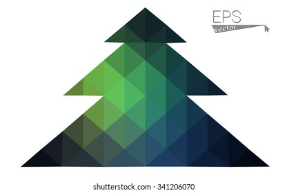 Dark green low polygon style christmas tree vector illustration consisting of triangles. Abstract triangular polygonal origami or crystal design of New Years celebration. Isolated on white background.