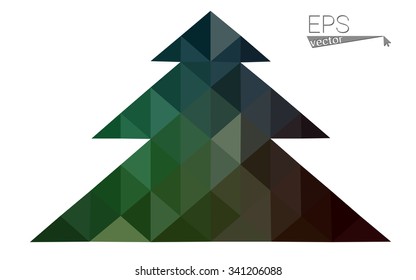 Dark green low polygon style christmas tree vector illustration consisting of triangles. Abstract triangular polygonal origami or crystal design of New Years celebration. Isolated on white background.