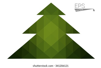 Dark green low polygon style christmas tree vector illustration consisting of triangles. Abstract triangular polygonal origami or crystal design of New Years celebration. Isolated on white background.