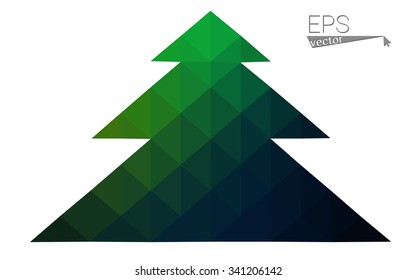 Dark green low polygon style christmas tree vector illustration consisting of triangles. Abstract triangular polygonal origami or crystal design of New Years celebration. Isolated on white background.