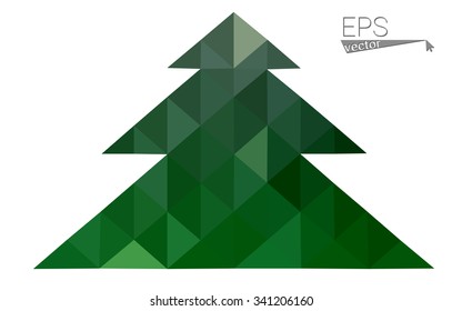 Dark green low polygon style christmas tree vector illustration consisting of triangles. Abstract triangular polygonal origami or crystal design of New Years celebration. Isolated on white background.