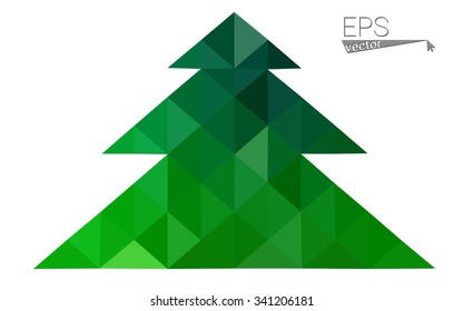 Dark green low polygon style christmas tree vector illustration consisting of triangles. Abstract triangular polygonal origami or crystal design of New Years celebration. Isolated on white background.