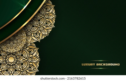 dark green luxury abstract background, mandala decoration with gold outline, vector illustration