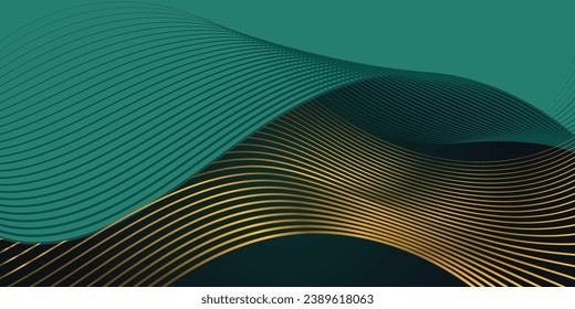 Dark green luxury abstract background with glowing golden wave. Modern green gradient flowing gold wave lines. Shiny futuristic technology concept. Vector illustration horizontal template for digital