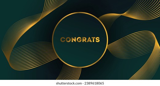 Dark green luxury abstract background with glowing golden wave. Modern green gradient flowing gold wave lines. Shiny futuristic technology concept. Vector illustration. Congrats card