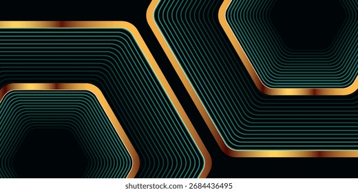 Fondo abstracto de lujo verde oscuro con capas superpuestas y decoración de efecto hexagonal de oro brillante. Concepto moderno de estilo de rayas para Anuncios, volantes, tarjetas, cubiertas y folletos. VOL. 5