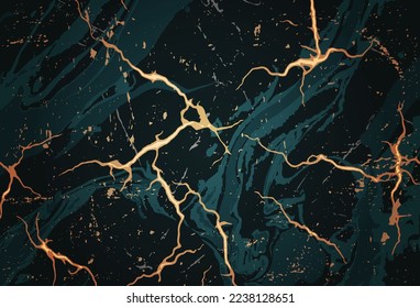 Dark Green marble and gold abstract background texture. Indigo, blue marbling with natural luxury style golden lines . Vector illustration