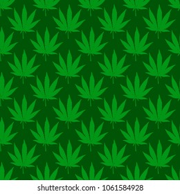 Dark green marijuana leaf seamless pattern. Hand drawn narcotic cannabis background. Hemp vector illustration backdrop.