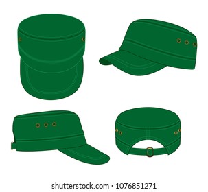 Dark Green Military Cadet Cap With Bronze Eyelets And Buckle Strap Back Template On White Background.