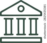 A dark green, minimalist of a classical building with columns and a pediment on a white background. building, architecture, symbol....