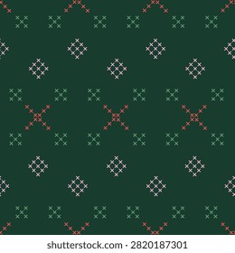 Dark green minimalist cross stitch embroidery seamless pattern, simple red, pink geometric cross shapes with adjustable thickness, classic rustic needlecraft winter holiday texture for craft heritage