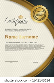 Dark green modern certificate template with gold line and  halftone effect ornament on texture pattern background, 