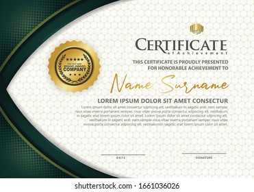 Dark green modern certificate template with gold line and  halftone effect ornament on texture pattern background, 