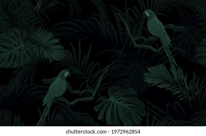 Dark Green Monochrome Tropical Seamless Pattern With Exotic Monstera And Royal Palm Leaves, Blue Macaws And Branches. Vector Illustration.