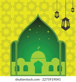 dark green mosque gate with a nice and unique yellow lined octagonal pattern background, suitable for backgrounds, decoration welcoming Ramadan, and so on