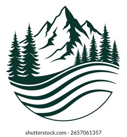 Logo de la montaña verde oscuro Olas de pinos Montañas del círculo