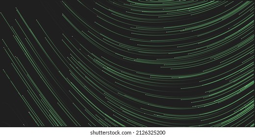 Dark Green Moving, Flowing Particles in Curving Lines, Scarcely Striped Pattern - Digitally Generated Dark Futuristic Abstract Geometric Background Design in Editable Vector Format