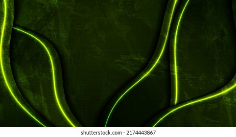 Dark green neon laser wavy lines. Abstract grunge tech graphic design. Old luminous wall concrete texture. Vector glowing background