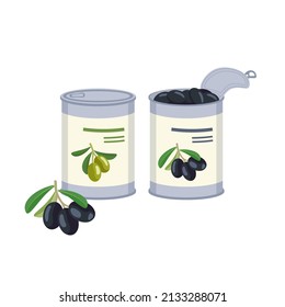 Dark and green olives in open and closed tin. Ready made traditional Greek food, delicious appetizer. Vector flat illustration