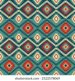 Dark green, orange, red, and yellow geometric patterns that are traditional, ethnic, Navajo, or Native American Indian. designs for clothing, curtains, carpets, sarongs, Hmong, and fabric edges.