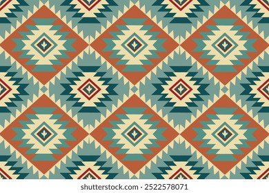 Dark green, orange, red, and yellow geometric patterns that are traditional, ethnic, Navajo, or Native American Indian. designs for clothing, curtains, carpets, sarongs, Hmong, and fabric edges.